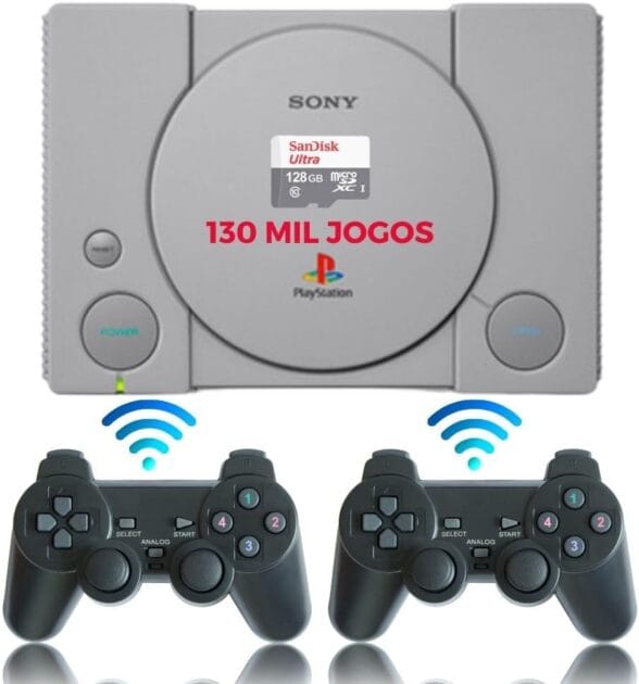 <p><strong>Console de Jogos PS1 com 130 mil Jogos, 2 Controles Sem Fio e Emulador – R$299,00! Aproveite!</strong></p>