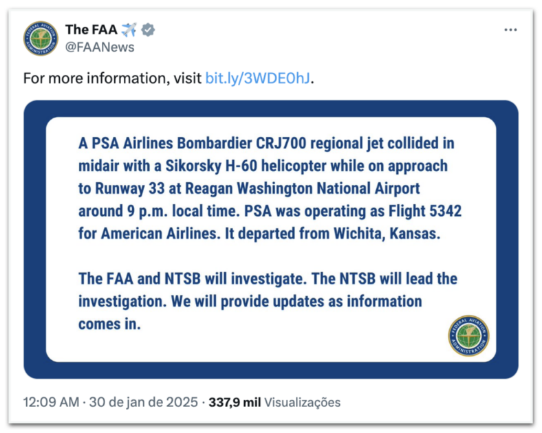 Avião da PSA Airlines colide com helicóptero e cai em DC
