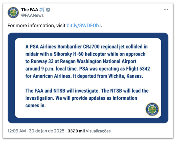 Avião da PSA Airlines colide com helicóptero e cai em DC