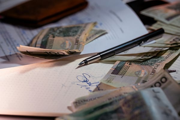 Documentos, caneta e dinheiro sobre mesa, ilustrando controle de gastos e planejamento financeiro